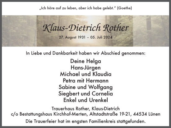 Traueranzeige von Klaus-Dietrich Rother von Hellweger Anzeiger