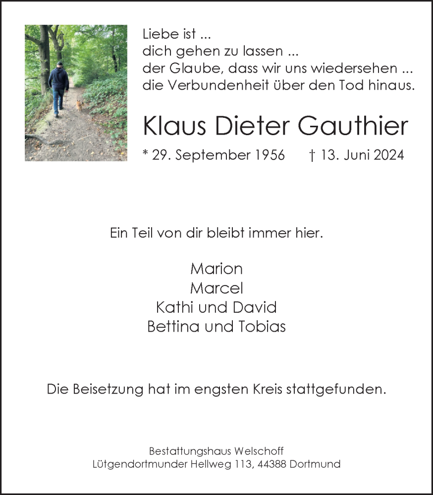  Traueranzeige für Klaus Dieter Gauthier vom 06.07.2024 aus Ruhr Nachrichten