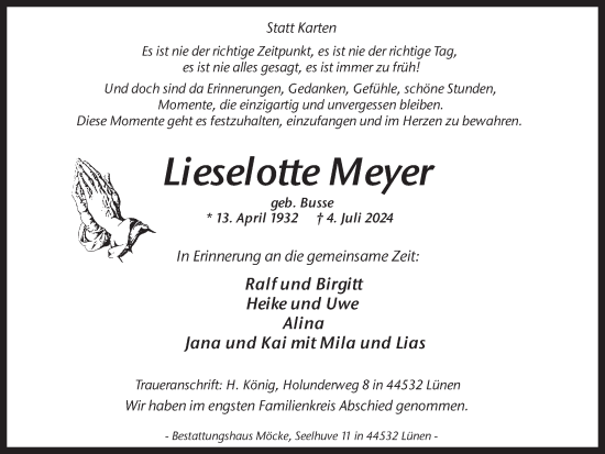 Traueranzeige von Lieselotte Meyer von Lüner Anzeiger