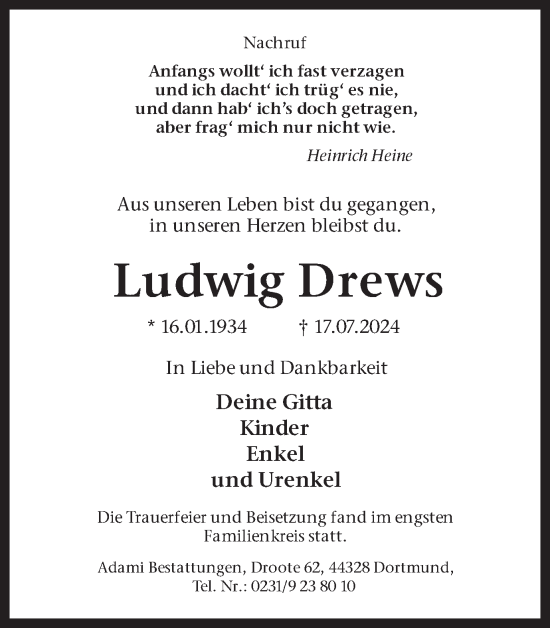 Traueranzeige von Ludwig Drews von Ruhr Nachrichten