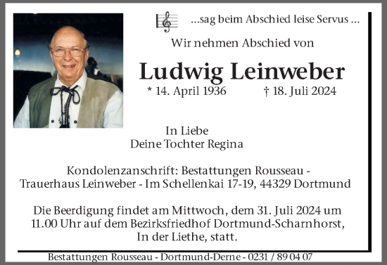 Traueranzeige von Ludwig Leinweber von Ruhr Nachrichten