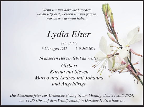 Traueranzeige von Lydia Elter von Ruhr Nachrichten und Dorstener Zeitung