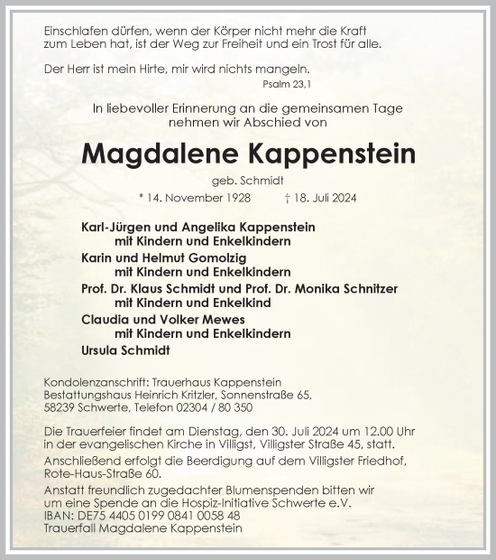 Traueranzeige von Magdalene Kappenstein von Ruhr Nachrichten