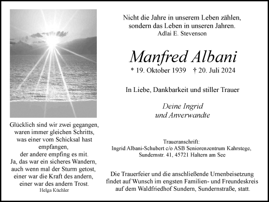 Traueranzeige von Manfred Albani von Ruhr Nachrichten und Halterner Zeitung