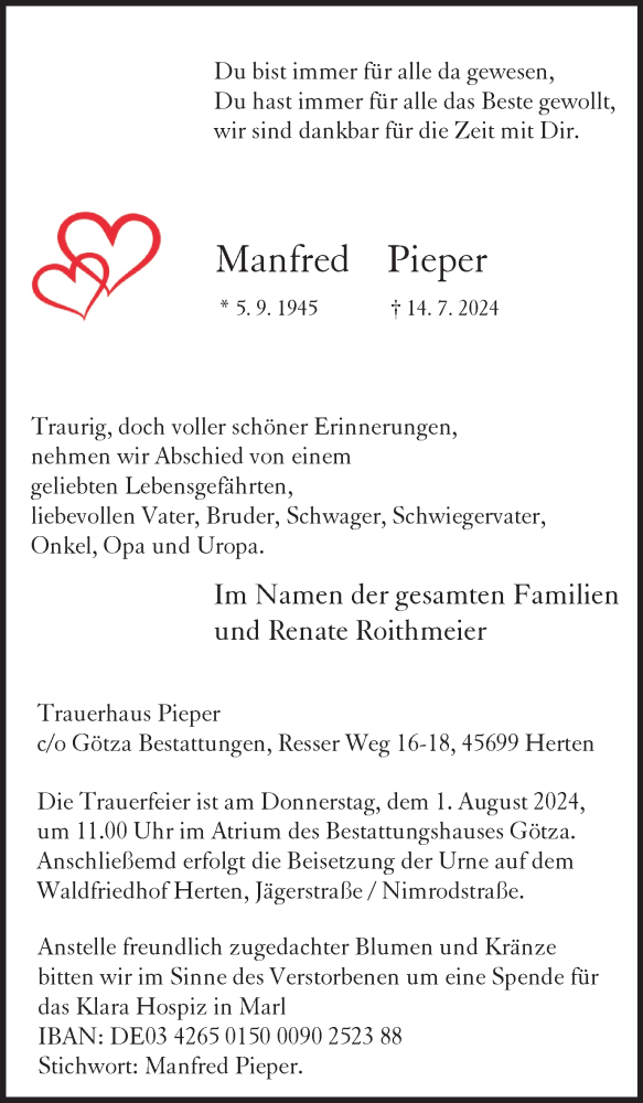  Traueranzeige für Manfred Pieper vom 20.07.2024 aus Trauer Vest