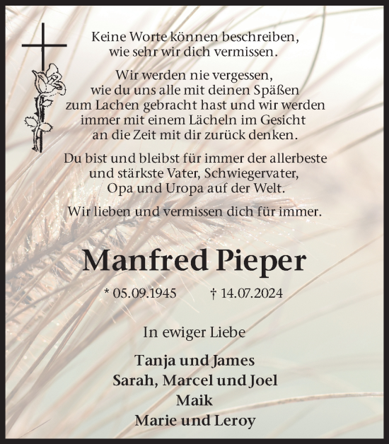 Traueranzeige von Manfred Pieper von Trauer Vest