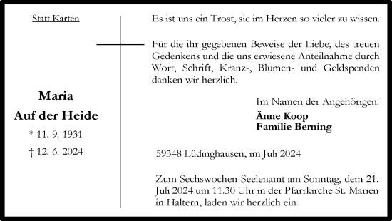 Traueranzeige von Maria  Auf der Heide von Ruhr Nachrichten und Halterner Zeitung