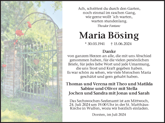 Traueranzeige von Maria Bösing von Ruhr Nachrichten und Dorstener Zeitung