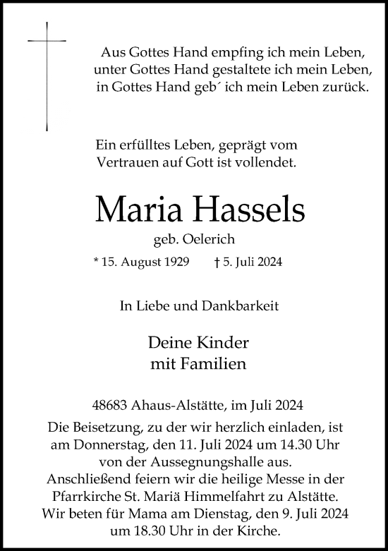 Traueranzeige von Maria Hassels von Münsterland Zeitung