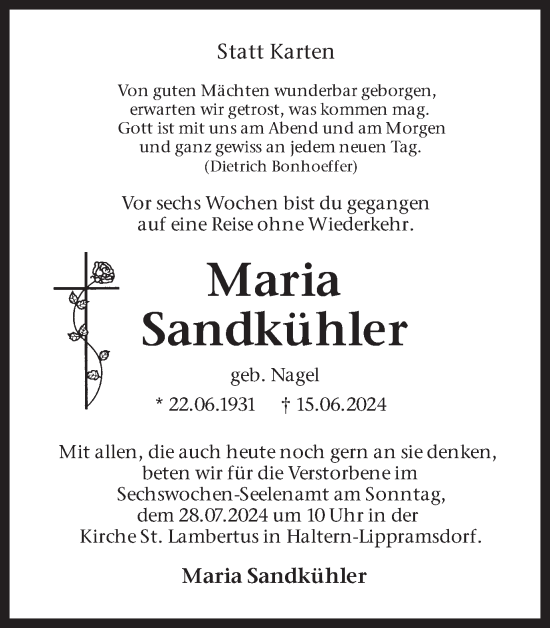 Traueranzeige von Maria Sandkühler von Ruhr Nachrichten und Halterner Zeitung