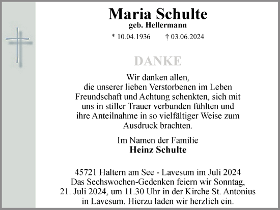 Traueranzeige von Maria Schulte von Ruhr Nachrichten und Halterner Zeitung