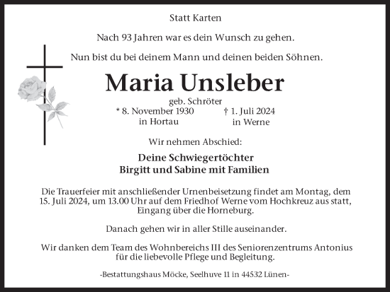 Traueranzeige von Maria Unsleber von Ruhr Nachrichten