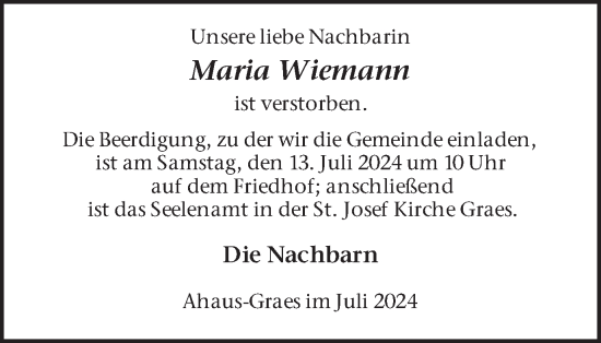 Traueranzeige von Maria Wiemann von Münsterland Zeitung