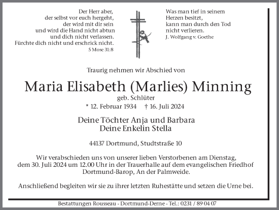 Traueranzeige von Maria Elisabeth Minning von Ruhr Nachrichten