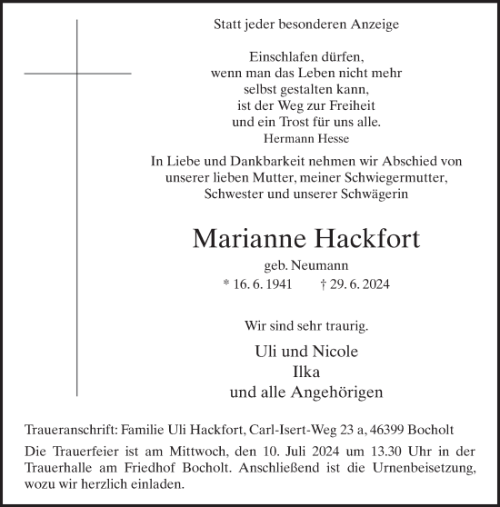 Traueranzeige von Marianne Hackfort von Bocholter-Borkener Volksblatt