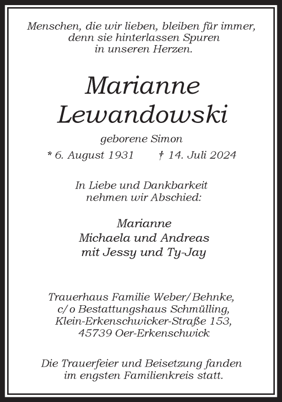 Traueranzeige von Marianne Lewandowski von Trauer Vest