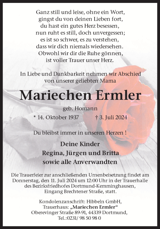 Traueranzeige von Mariechen Ermler von Ruhr Nachrichten