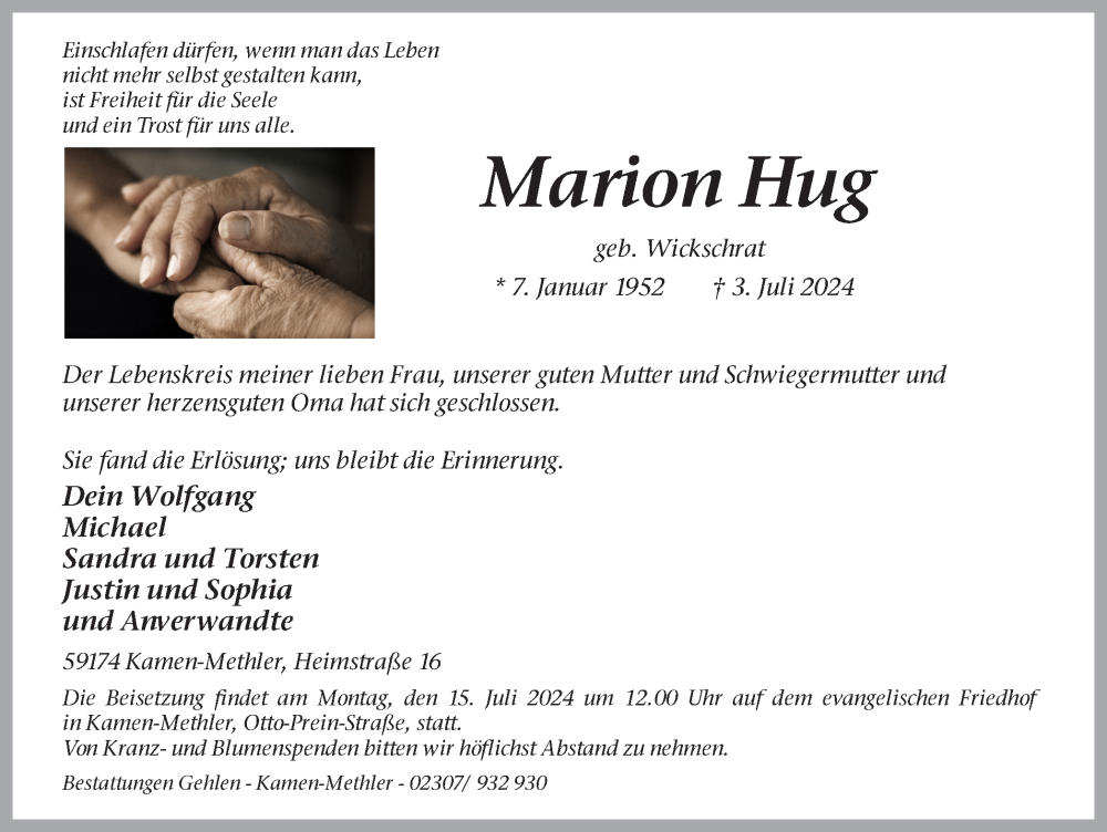  Traueranzeige für Marion Hug vom 10.07.2024 aus Hellweger Anzeiger