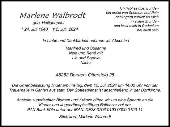Traueranzeige von Marlene Walbrodt von Ruhr Nachrichten und Dorstener Zeitung
