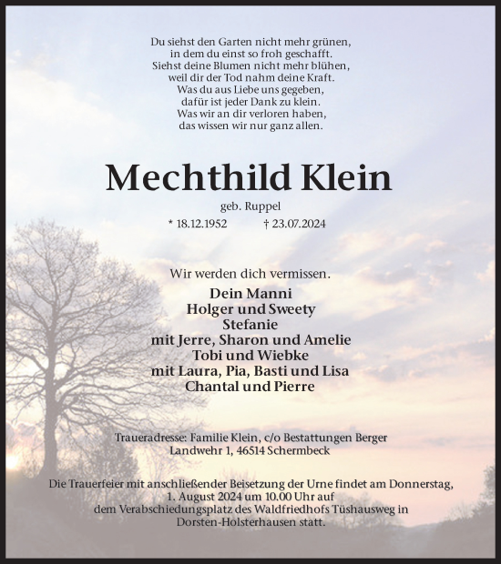 Traueranzeige von Mechthild Klein von Ruhr Nachrichten und Dorstener Zeitung