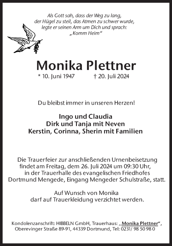 Traueranzeige von Monika Plettner von Ruhr Nachrichten