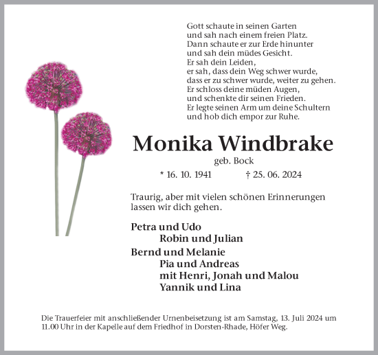 Traueranzeige von Monika Windbrake von Ruhr Nachrichten und Dorstener Zeitung