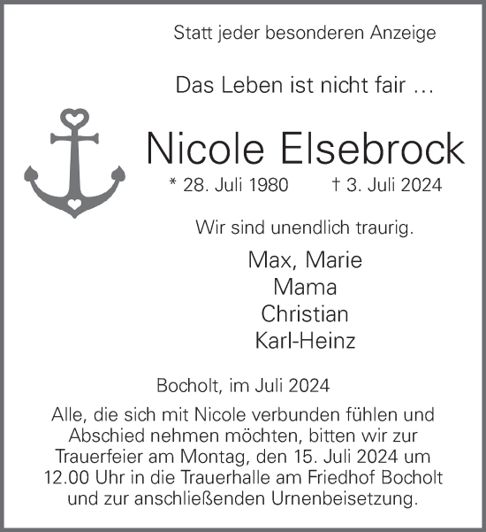 Traueranzeige von Nicole Elsebrock von Bocholter-Borkener Volksblatt