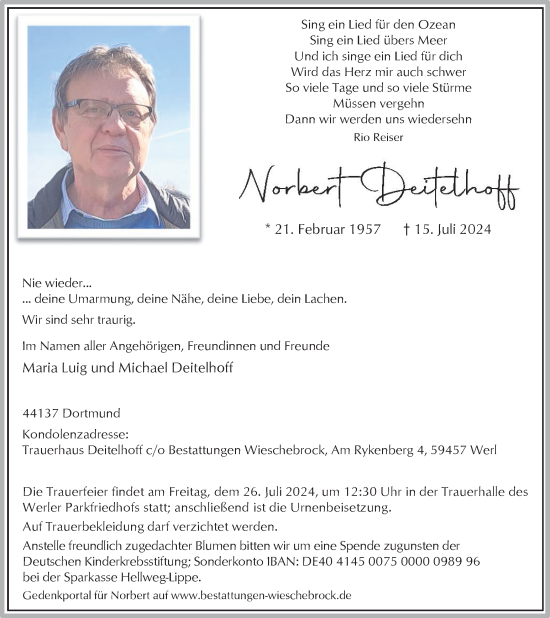 Traueranzeige von Norbert Deitelhoff von Ruhr Nachrichten