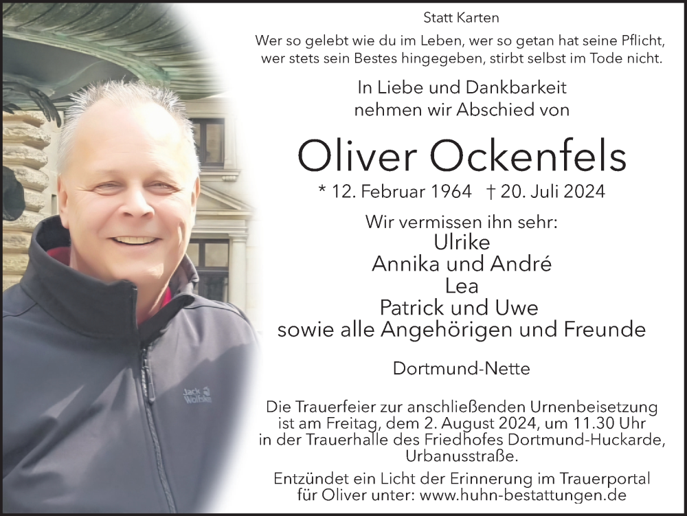  Traueranzeige für Oliver Ockenfels vom 27.07.2024 aus Ruhr Nachrichten