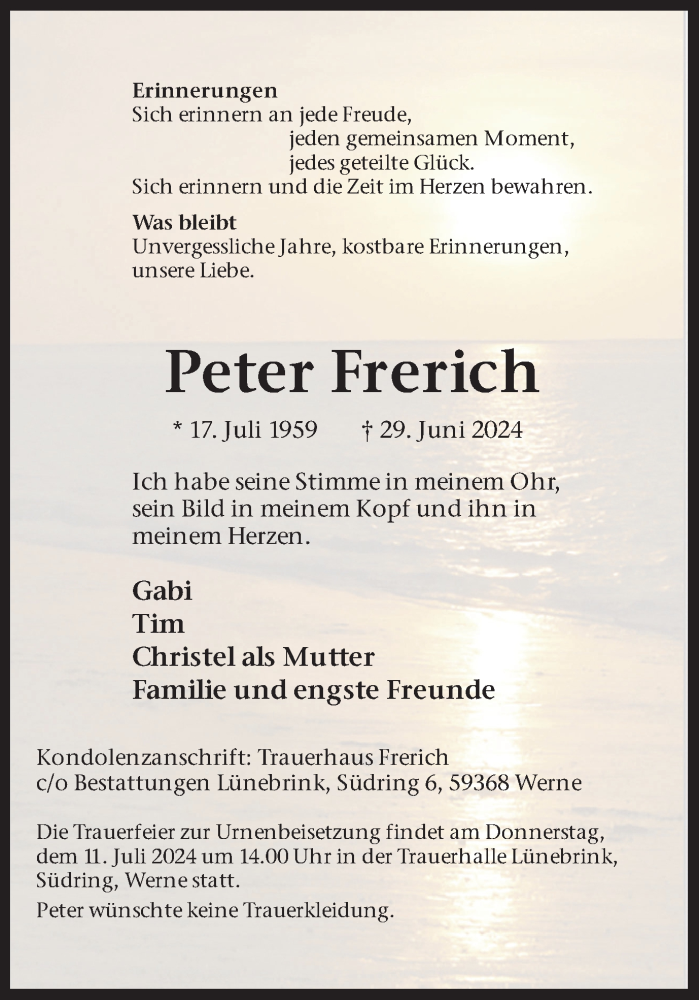  Traueranzeige für Peter Frerich vom 06.07.2024 aus Ruhr Nachrichten