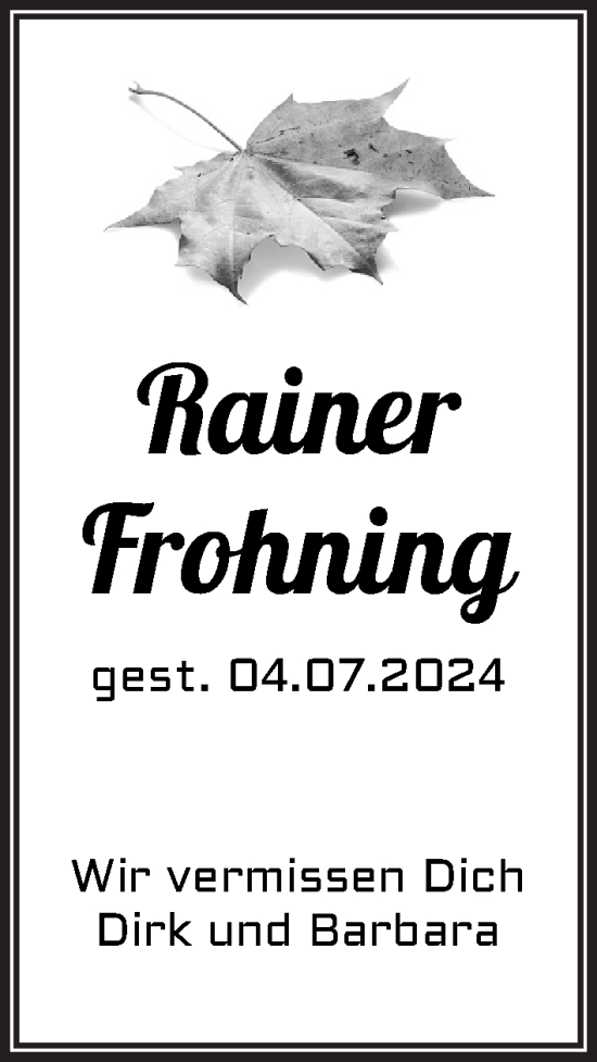 Traueranzeige von Rainer Frohning von Bocholter-Borkener Volksblatt