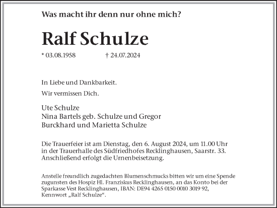 Traueranzeige von Ralf Schulze von Trauer Vest