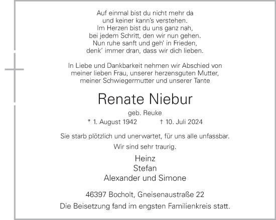 Traueranzeige von Renate Niebur von Bocholter-Borkener Volksblatt