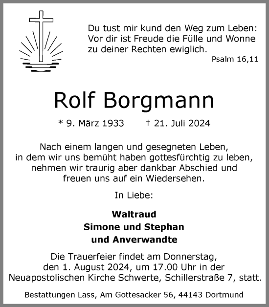 Traueranzeige von Rolf Borgmann von Ruhr Nachrichten