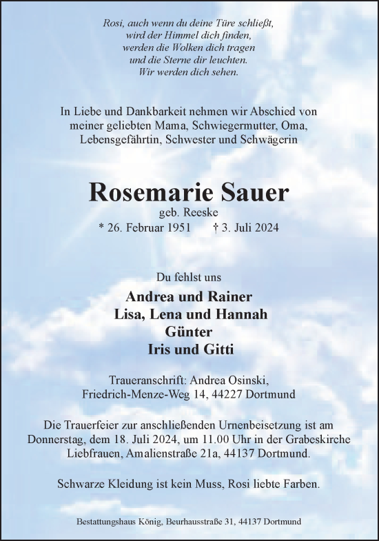 Traueranzeige von Rosemarie Sauer von Ruhr Nachrichten