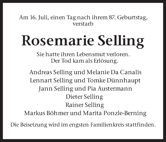 Traueranzeige von Rosemarie Selling von Ruhr Nachrichten und Dorstener Zeitung