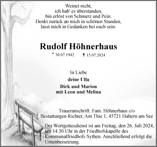 Traueranzeige von Rudolf Höhnerhaus von Ruhr Nachrichten und Halterner Zeitung