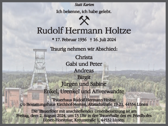 Traueranzeige von Rudolf Hermann Holtze von Ruhr Nachrichten