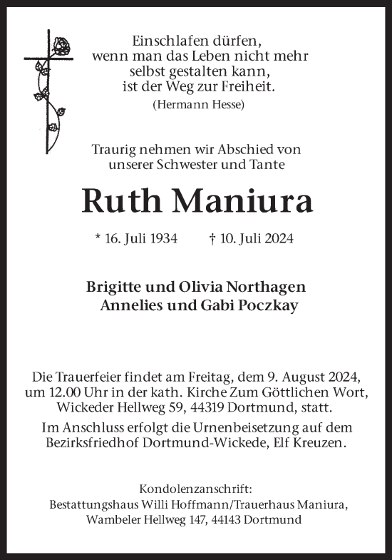 Traueranzeige von Ruth Maniura von Ruhr Nachrichten