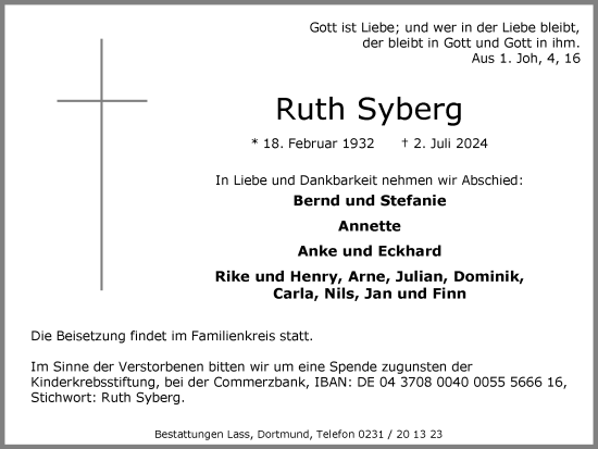 Traueranzeige von Ruth Syberg von Ruhr Nachrichten