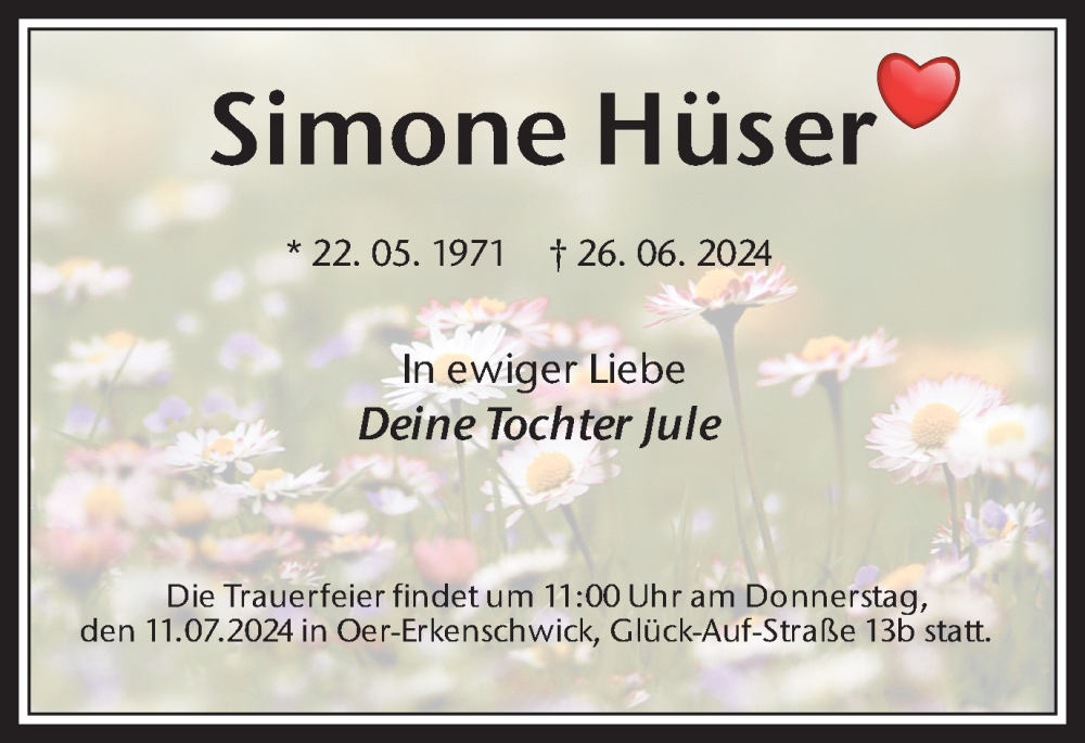  Traueranzeige für Simone Hüser vom 10.07.2024 aus Trauer Vest