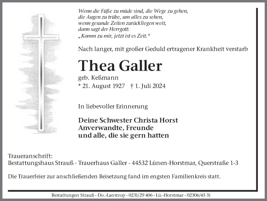 Traueranzeige von Thea Galler von Ruhr Nachrichten