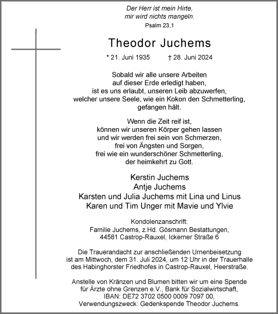 Traueranzeige von Theodor Juchems von Ruhr Nachrichten