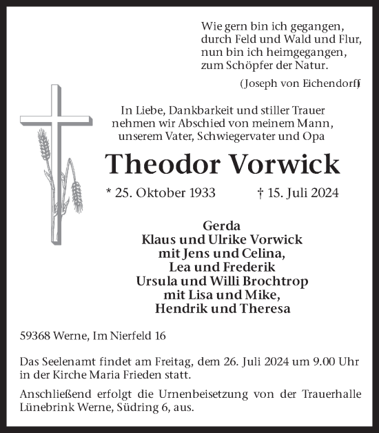 Traueranzeige von Theodor Vorwick von Ruhr Nachrichten