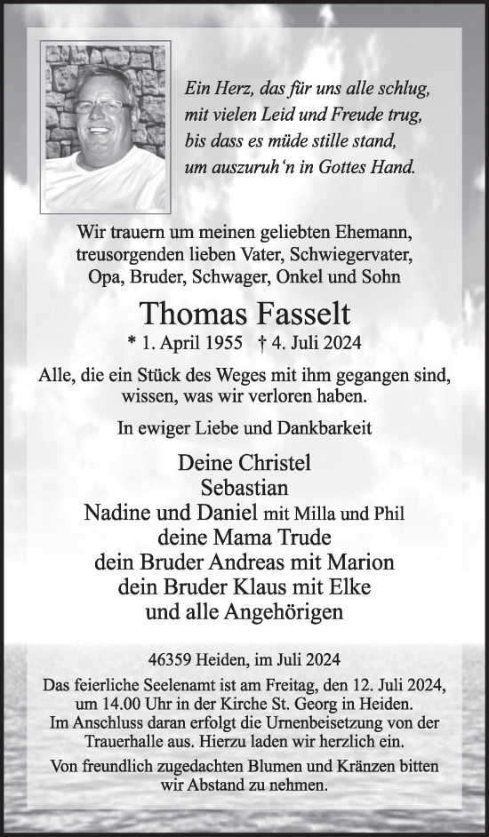 Traueranzeige von Thomas Fasselt von Ruhr Nachrichten und Dorstener Zeitung