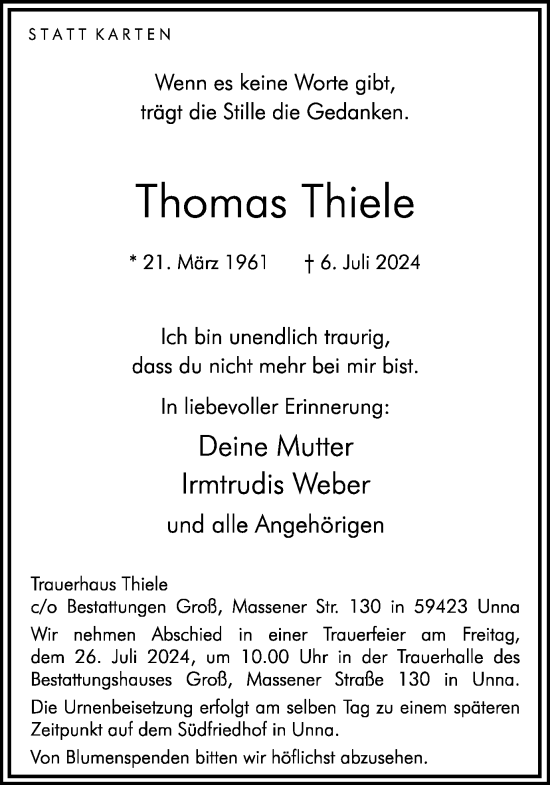 Traueranzeige von Thomas Thiele von Hellweger Anzeiger