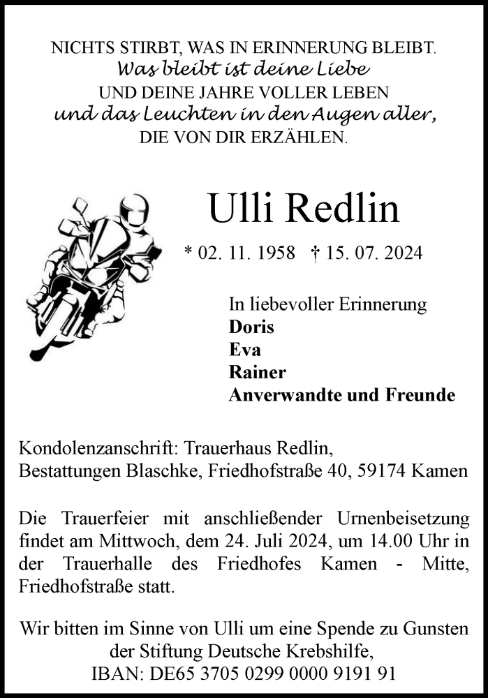  Traueranzeige für Ulli Redlin vom 20.07.2024 aus Hellweger Anzeiger