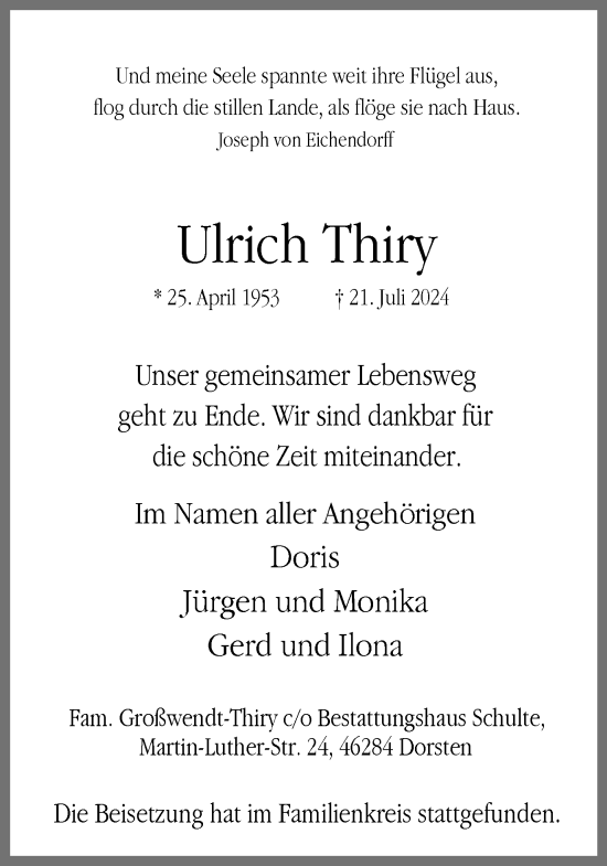 Traueranzeige von Ulrich Thiry von Ruhr Nachrichten und Dorstener Zeitung