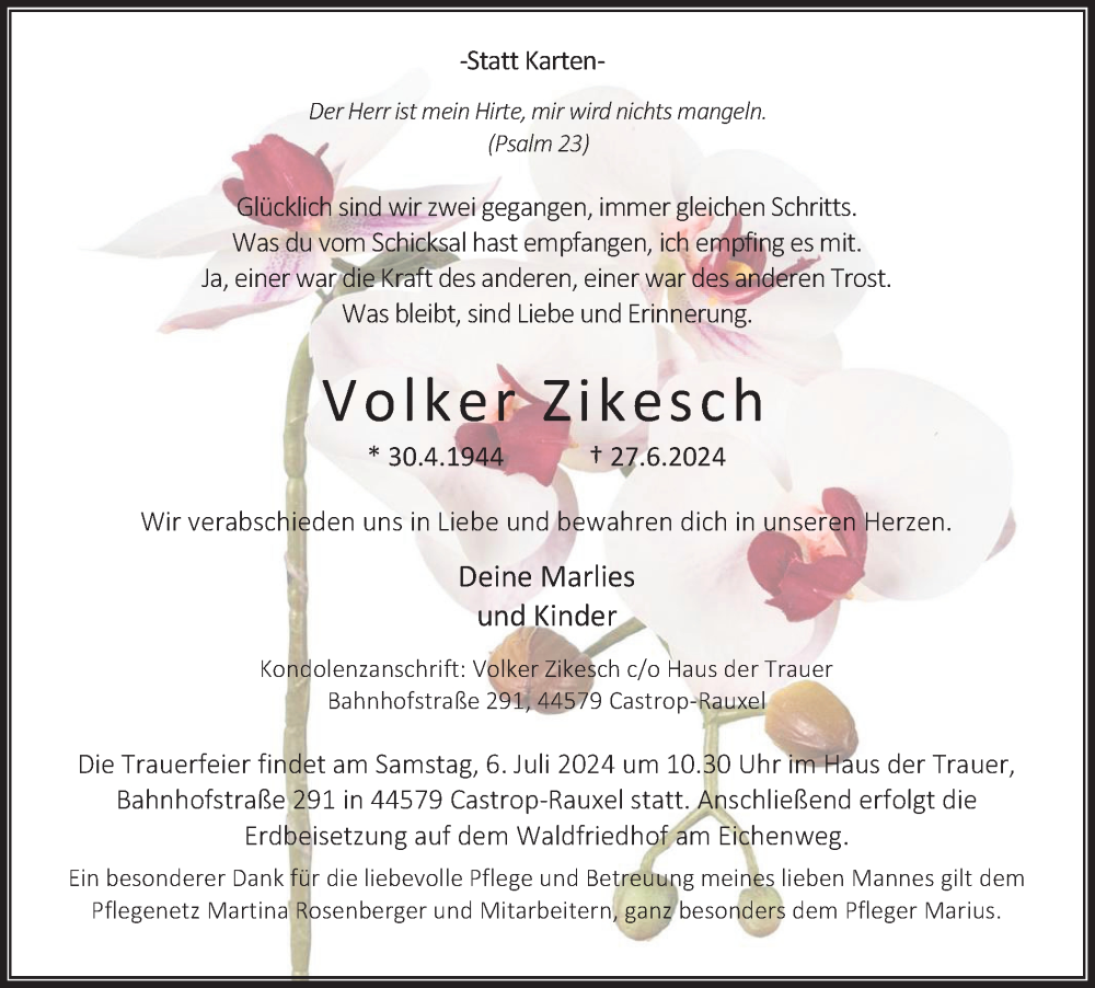  Traueranzeige für Volker Zikesch vom 03.07.2024 aus Ruhr Nachrichten