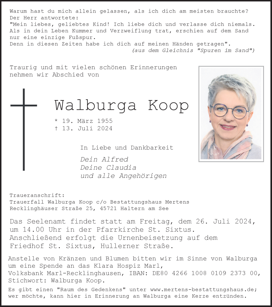  Traueranzeige für Walburga Koop vom 16.07.2024 aus Ruhr Nachrichten und Halterner Zeitung